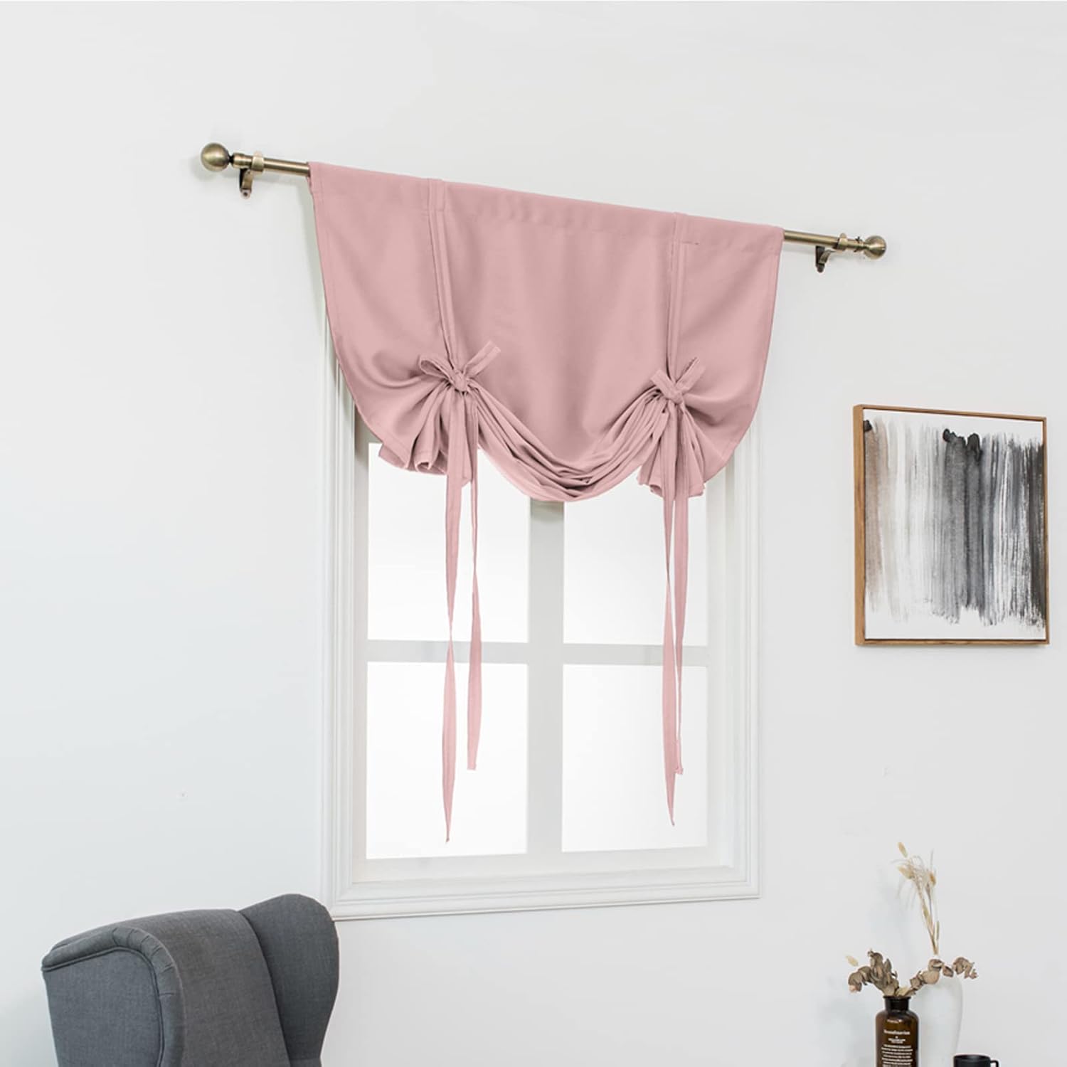 Solid Blackout Tie Up Curtain Shades Energy Efficient Adjustable Window Drapes Rod Pocket Panel for Kitchen Bedroom Living Room (40W x 63L inch, Pink)