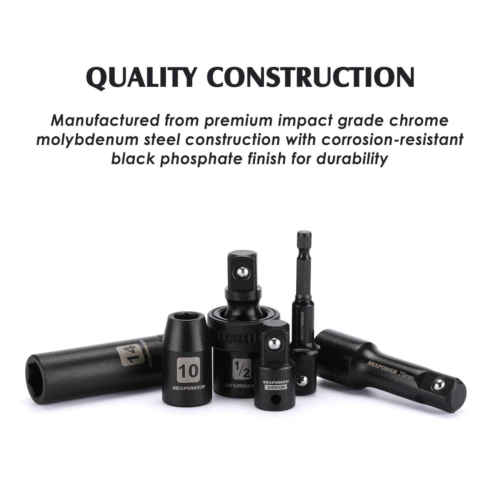 MIXPOWER Set di 49 bussole a percussione da 1/2", profondo/poco profondo, (8 mm-32 mm), CR-V, metrica, include barre di estensione, adattatori, giunto universale a impatto