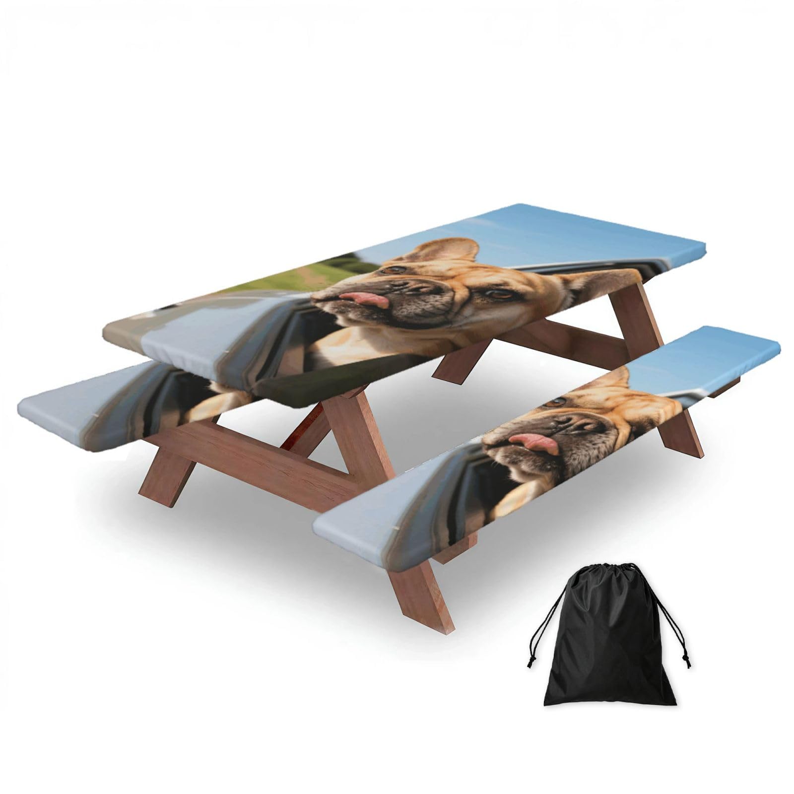 FekiLoot Puppy Dog Boston Terrier Picnic Table Cover with Bench Covers and Bag, Windproof Waterproof Rectangle Tablecloth with Elastic Edges Fitted Camping Table Covers for Picnic Party Travel