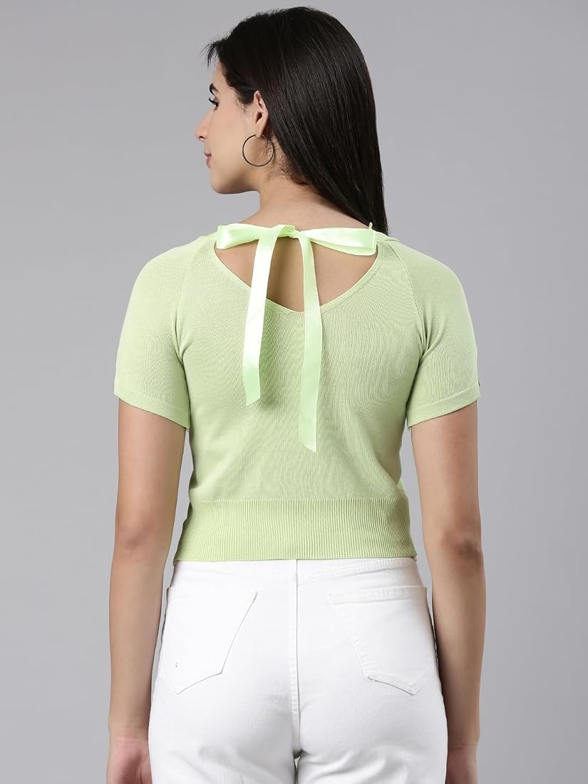 SHOWOFFFF Women's V-Neck Solid Green Crop Top-MW-555_Green_XS