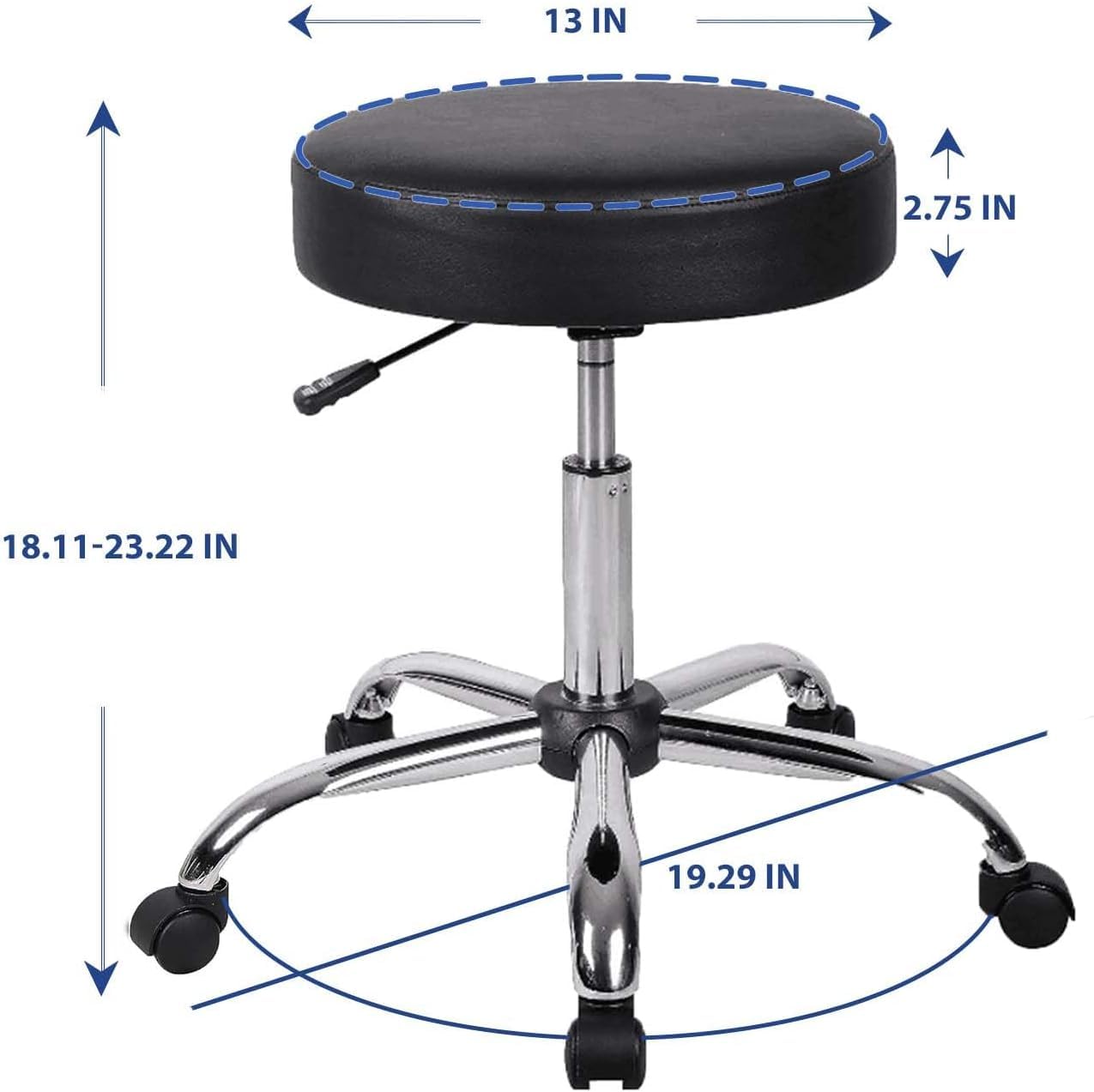 Taburete con ruedas giratorio de 360 grados, altura ajustable, 47 – 60 cm, silla de trabajo, silla de oficina, taburete acolchado, 150 kg de capacidad de carga