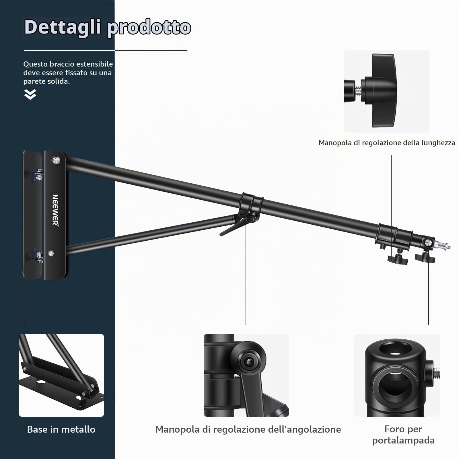 Neewer 2pz Braccio Asta di Supporto Triangolare per Montaggio a Parete di Strobi Monoluci Softbox Ombrelli Riflettori ECC, Flessibile Rotazione a 180°, Lunghezza Massima di 180cm (Nero)