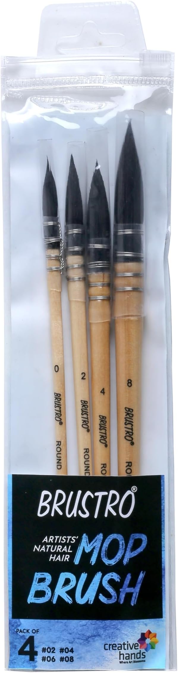 Artist's Natural Hair MOP Brush | Set of 4 - (0, 2, 4, 8) | Ideal for Watercolor, Blend, Round Paint Brush, Art Painting, Colour, Gouache, Wooden Handle, Professional and Students