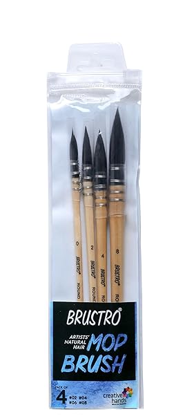 BRUSTRO Artist's Natural Hair MOP Brush | Set of 4 - (0, 2, 4, 8) | Ideal for Watercolor, Blend, Round Paint Brush, Art Painting, Colour, Gouache, Wooden Handle, Professional and Students