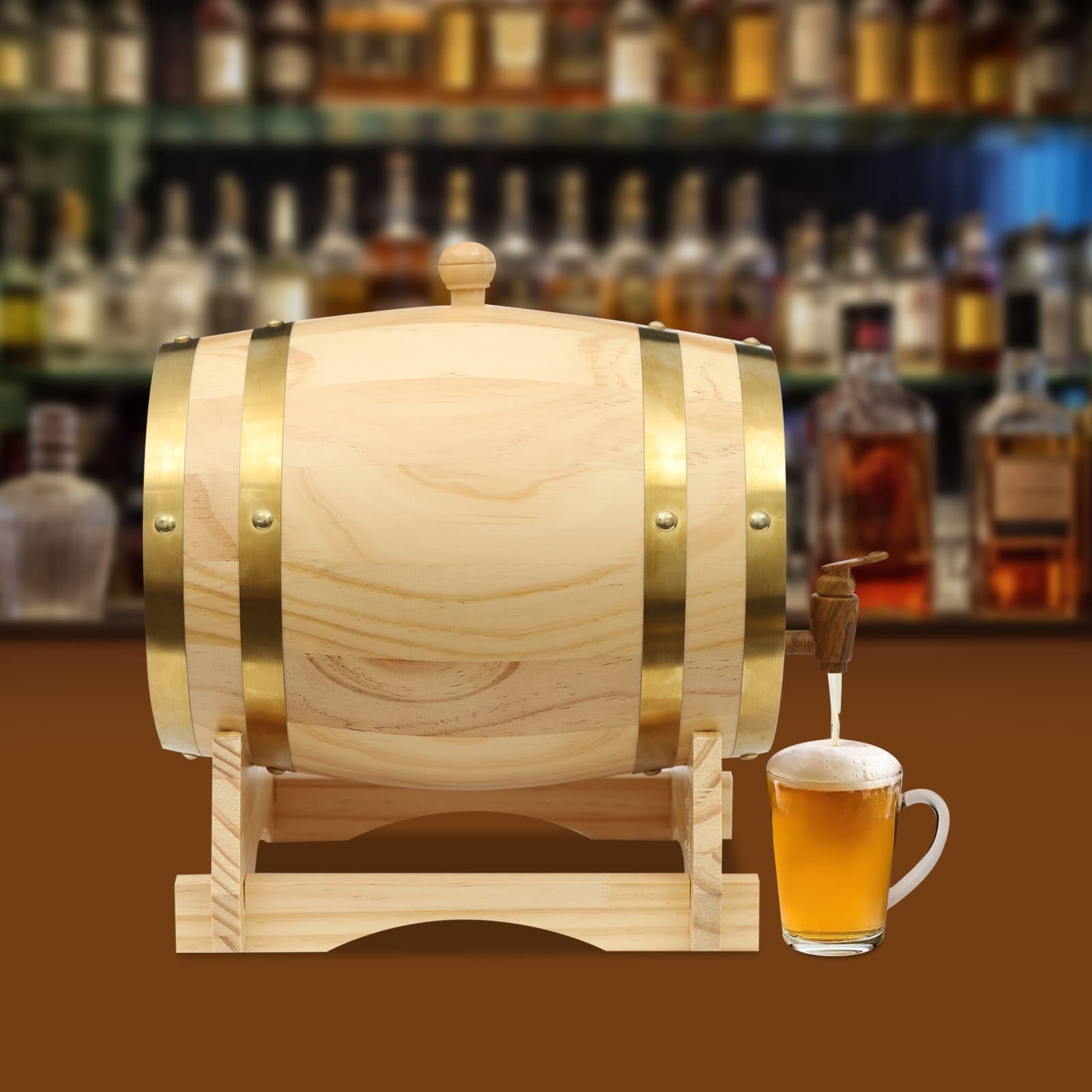 Tonneau en Bois de Pin 5L, Avec Support et Robinet, Pour Vin, Bière, Whisky, Rhum