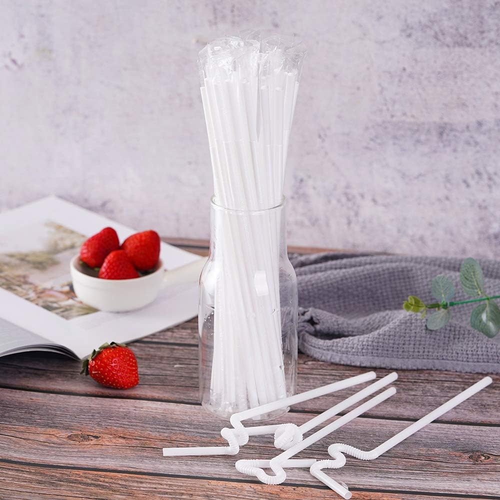 200 Pcs Individually Packaged White Plastic Extra Long Flexible Disposable Drinking Straws.(0.23'' diameter and 10.2" long) (White)