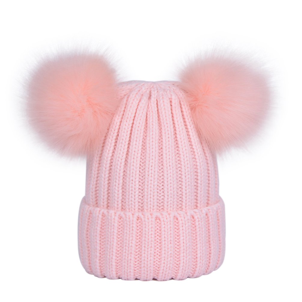 Lausons Women's Pink Warm Winter Ribbed Knit Bobble Hat With Faux Fur Double Pom Pom Beanie