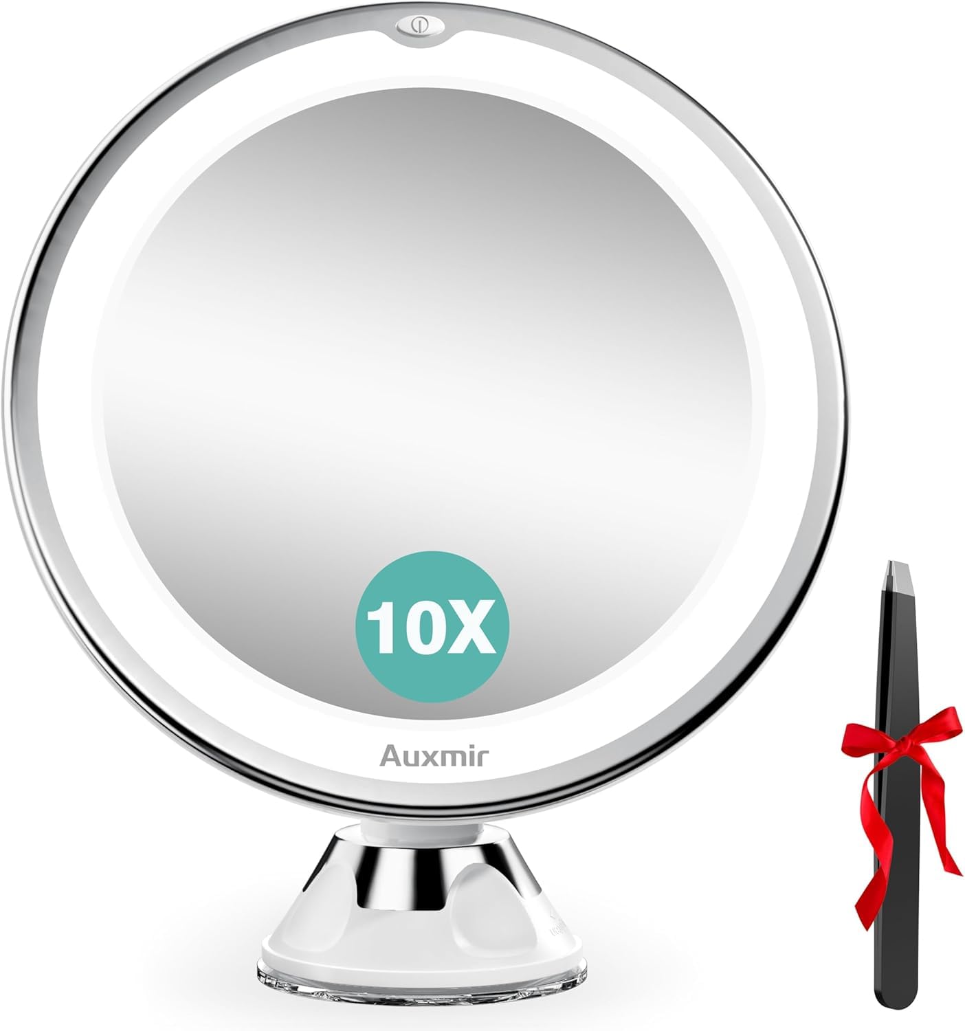 Auxmir Espejo Maquillaje con Luz LED, Aumento 10X con Ventosa Fuerte, 2 Niveles de Brillos, Giratorio 360°, Portátil para Pared, Baño, Viaje, Depilación y Cejas, Blanco, Redondo