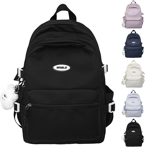 Mochila Kawaii con bonitos accesorios estéticos, estilo casual, bolsa para laptop, impermeable, mochila de viaje para mujer, Negro -, Mochilas