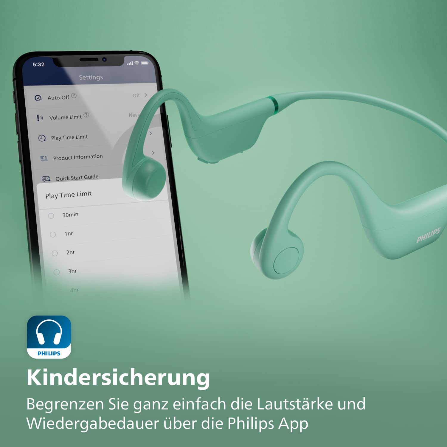 Philips TAK4607GR/00 Kabellose Open-Ear-Kopfhörer für Kinder, IPX5 Wasserschutz und bis zu 5 Stunden Wiedergabezeit, Kindersicherung, Verstellbarer Kopfbügel, kristallklare Anrufe, grün