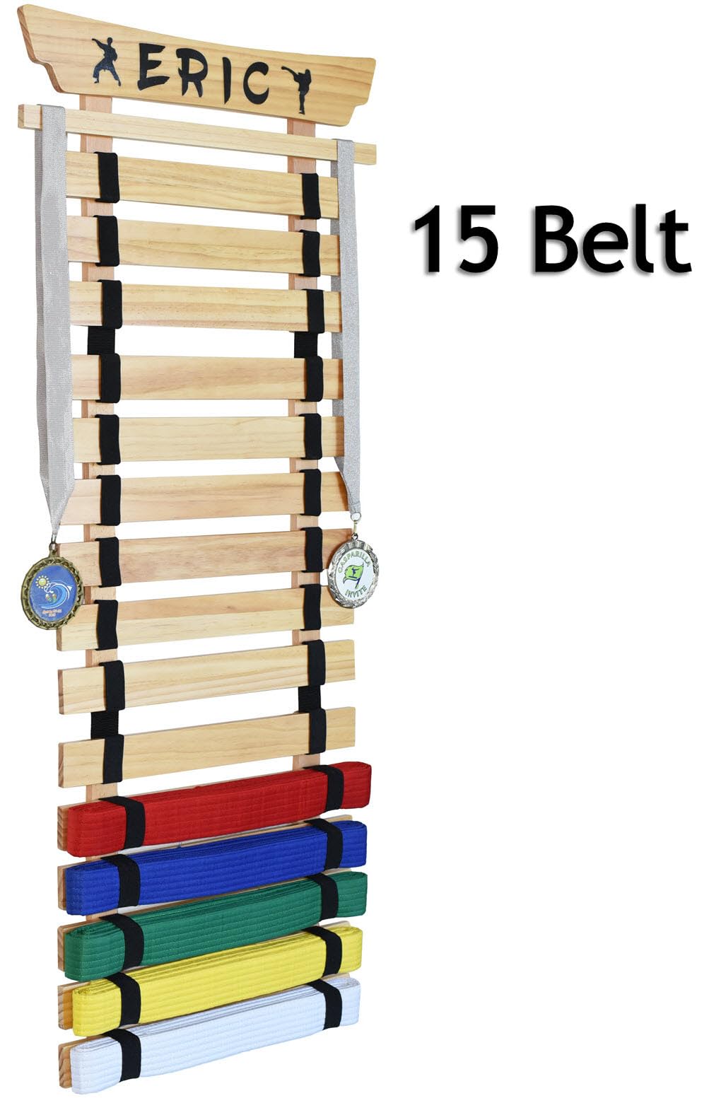 Victory Martial Arts 15 Belt Taekwondo Belt Display Rack with Stickers, Pine (15 Belt)