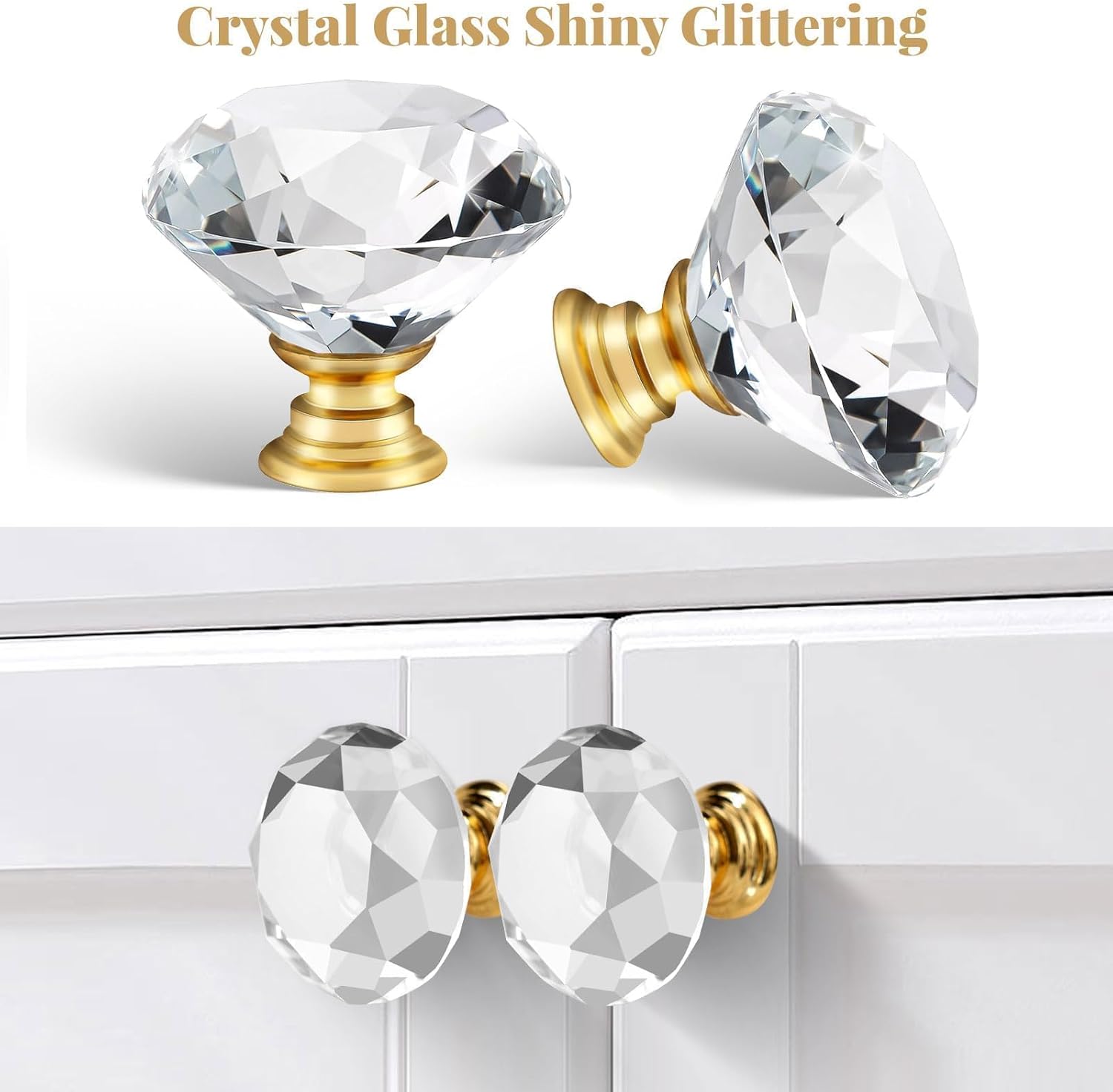 6pcs 30mm Crystal Glass Knobs Diamond Shaped Cabinet Knob with Gold Base for Dresser in Bathroom, Kitchen, Office ect.