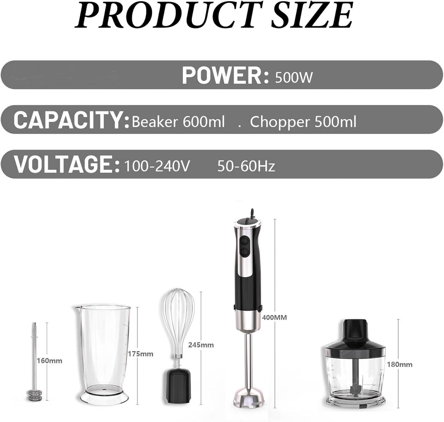 Immersion Hand Blender 600W Hand Mixer With Stainless Steel Blade, Black Stick Blender Container Chopper for Baby Food Smoothies Soup