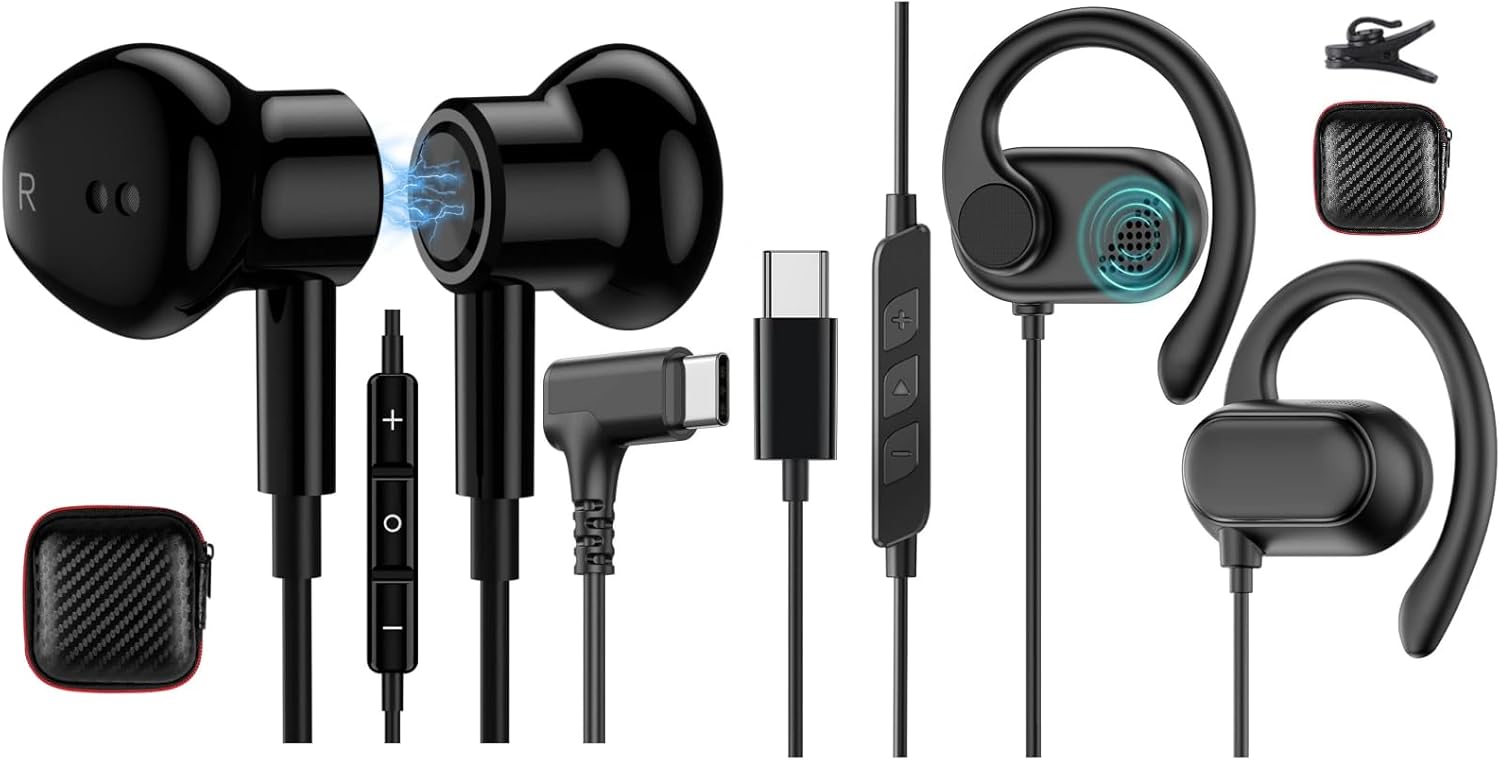 2 Pack Open Ear USB C Headphone,Magnetic Right Angle Wired Earbuds for iPhone 17 Pro Max 16 16e 15 Plus,in Ear Headphones with Mic Stereo Type C Earphone for Samsung S25 FE S24 Ultra S23 A17 for iPad