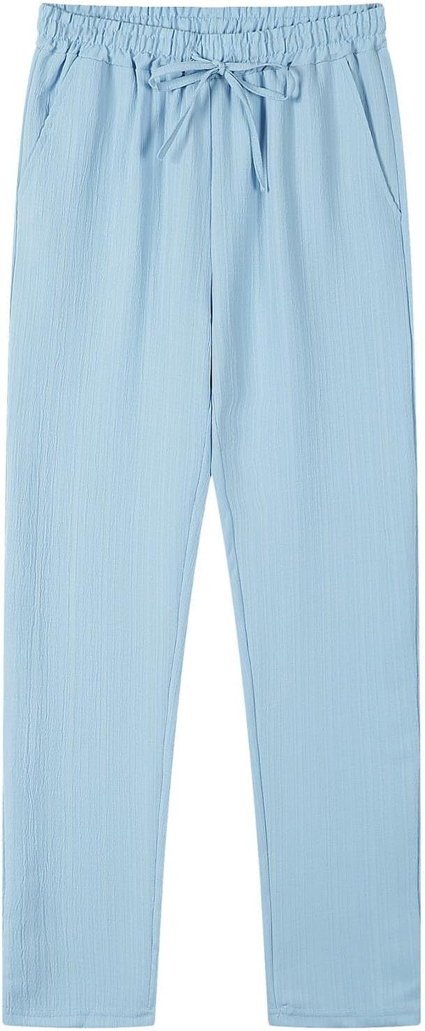 Pants for Mens Yoga Beach Dressy Casual Summer Elastic Waist Drawstring Outdoor Straight Trousers with Pockets
