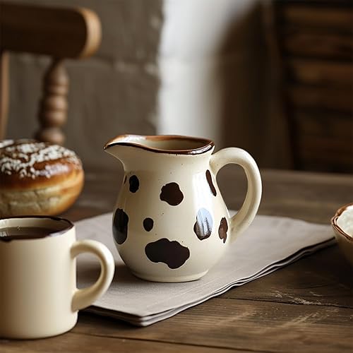 Miniatura 5 de CHOOLD Crema de cerámica con patrón de vaca retro con asa, jarra de crema de leche de café, salsa para servir