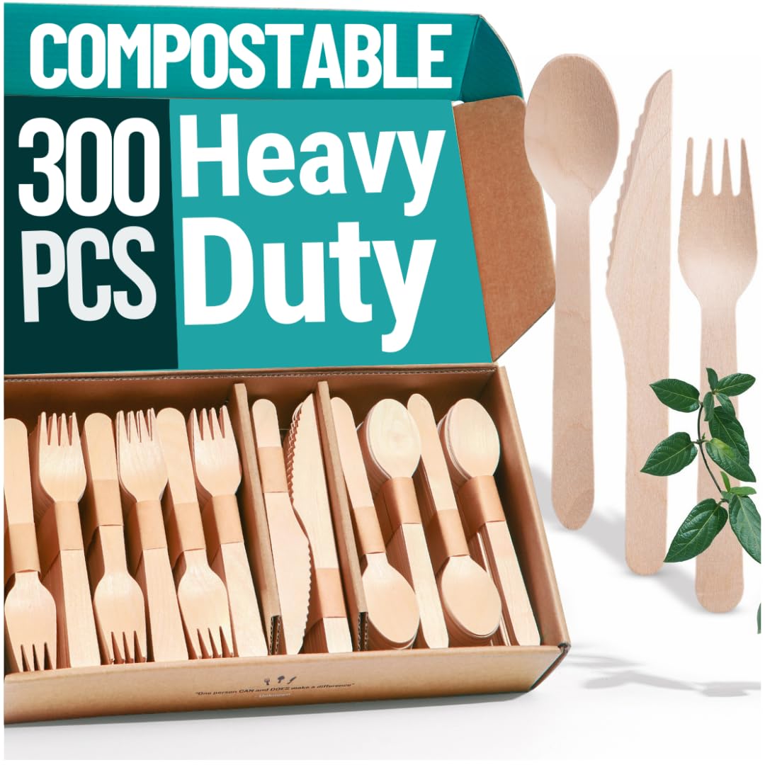 EarthClusive 300pcs Disposable Wooden Cutlery Set (150 Forks, 100 Spoons, 50 Knives) Our Heavy Duty Compostable Wood Utensils is FSC Certified Protecting Forests. Zero Plastic Cutlery For Any Occasion