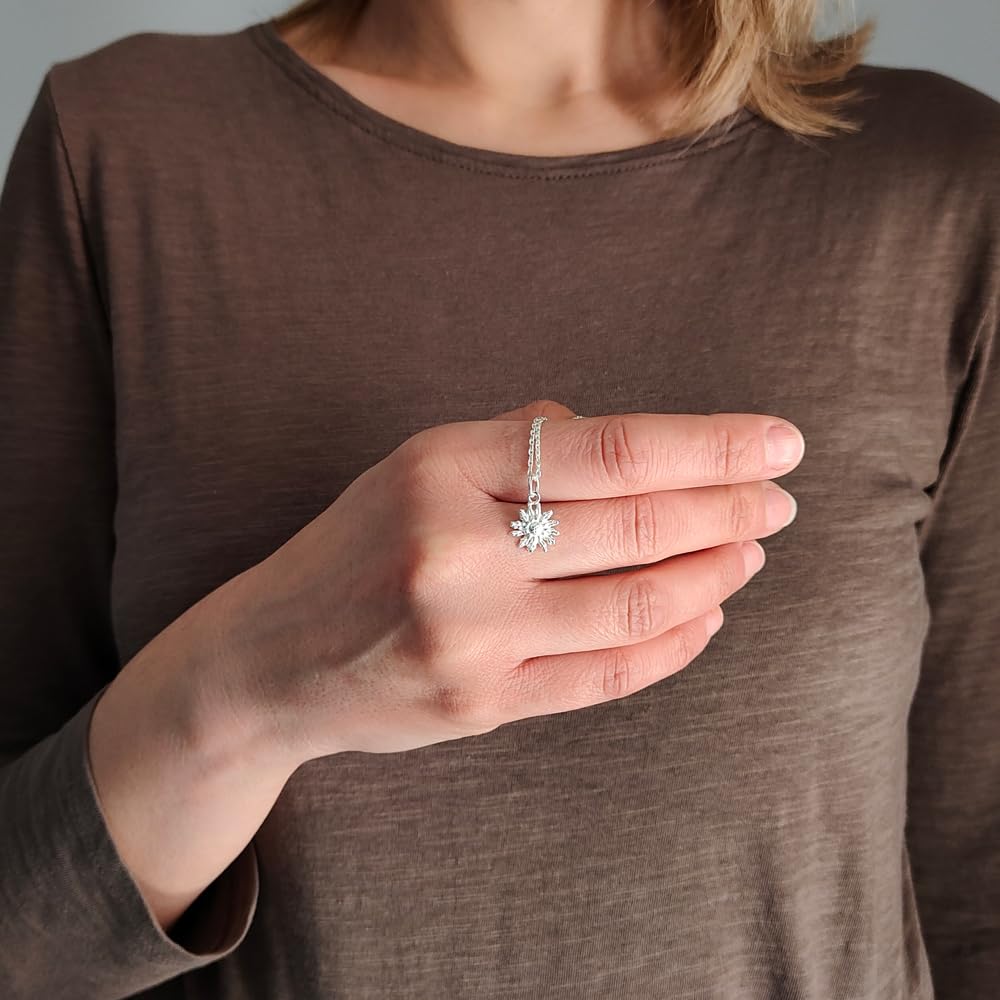 Collar colgante mujer Flor del Sol de 12mm con cadena de plata 925 - Lleva un Colgante Sol o Flor vasca - Poderoso amuleto en plata de ley que se envía en una caja de regalo