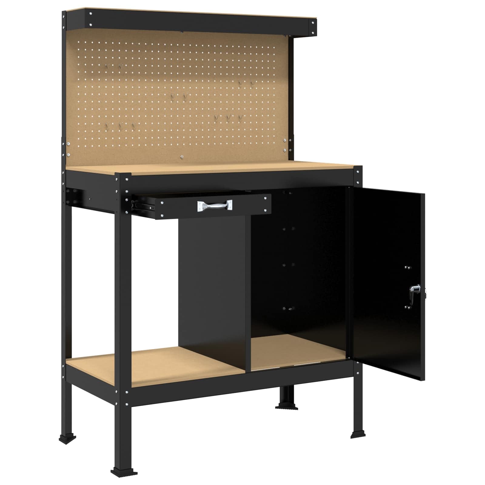 Banco da lavoro nero, 90 x 49 x 141 cm, in compensato e metallo, con cassetto, parete forata, ripiano, sistema di organizzazione stabile per officina, garage, sala hobby, fai da te, spazio per