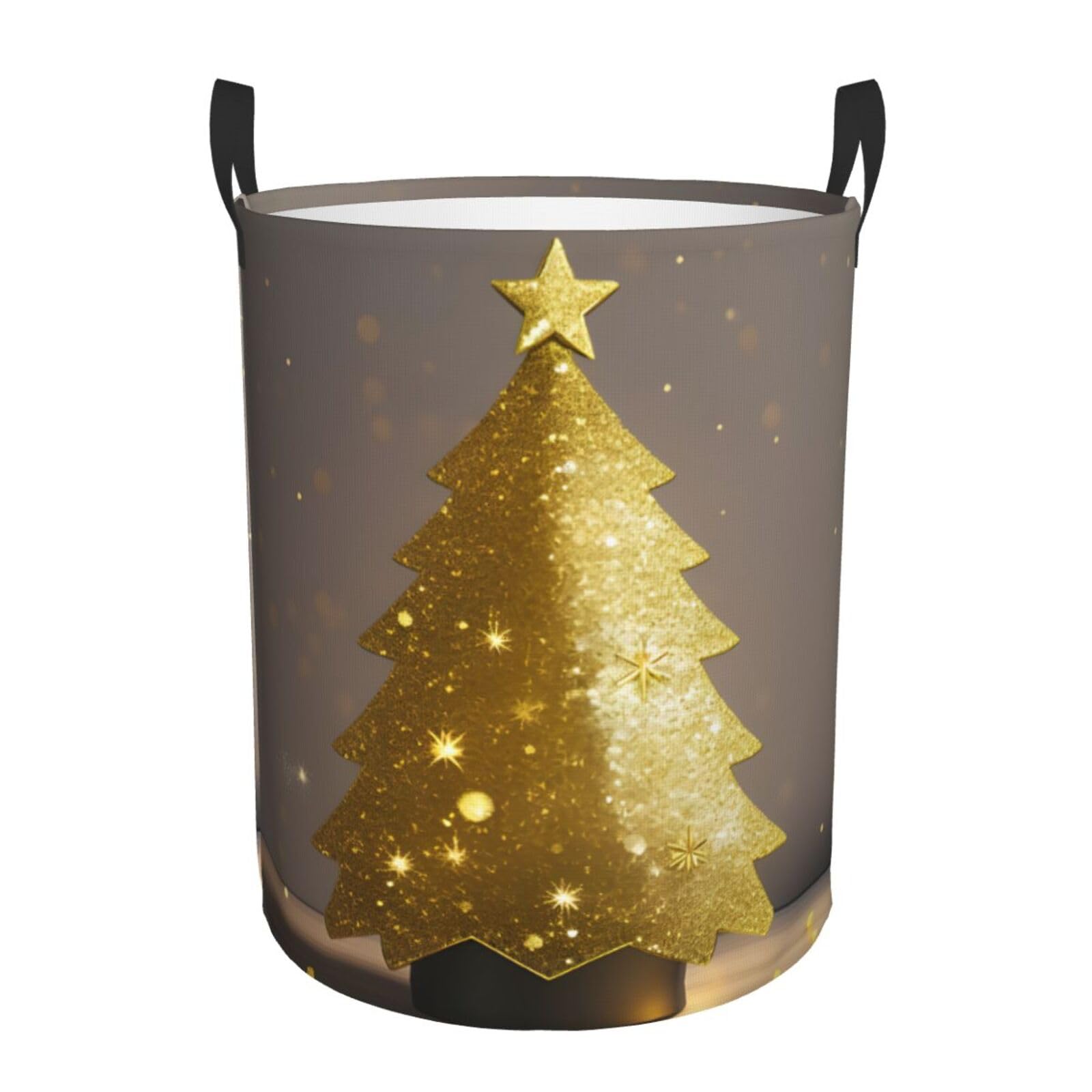 M Collapsible Laundry Hamper Round Golden Glitter Christmas Tree Print Storage