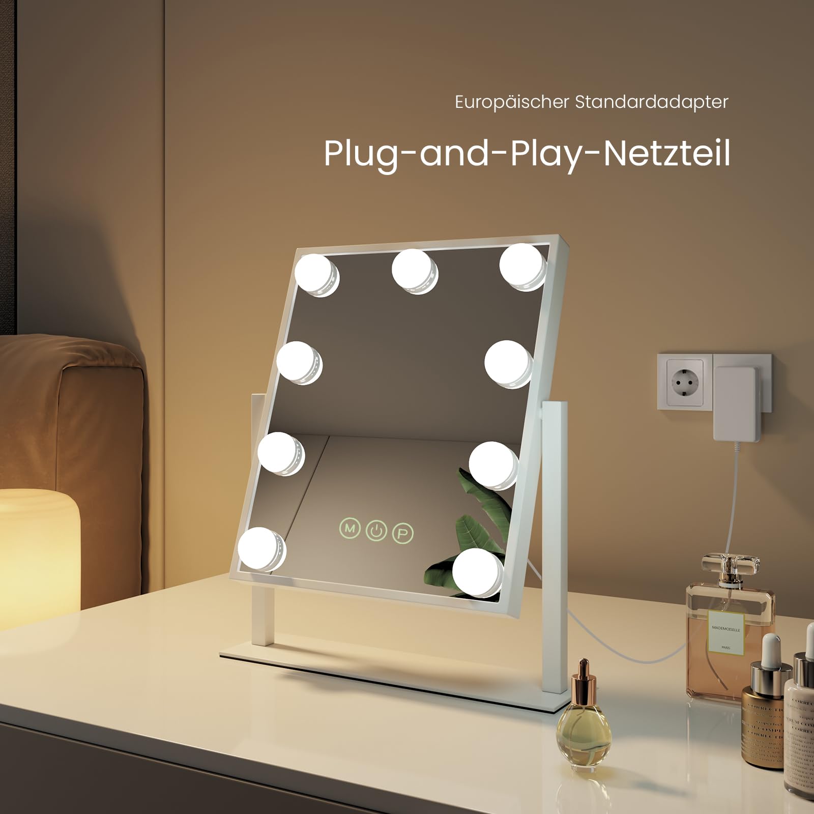 EMKE Hollywood Schminkspiegel mit Beleuchtung 30x41 cm Weiß, dimmbar | 360 Grad drehbar, 9 LED Lampen, 3 Lichtfarben, Speicherfunktion, Kosmetikspiegel für Schminktisch