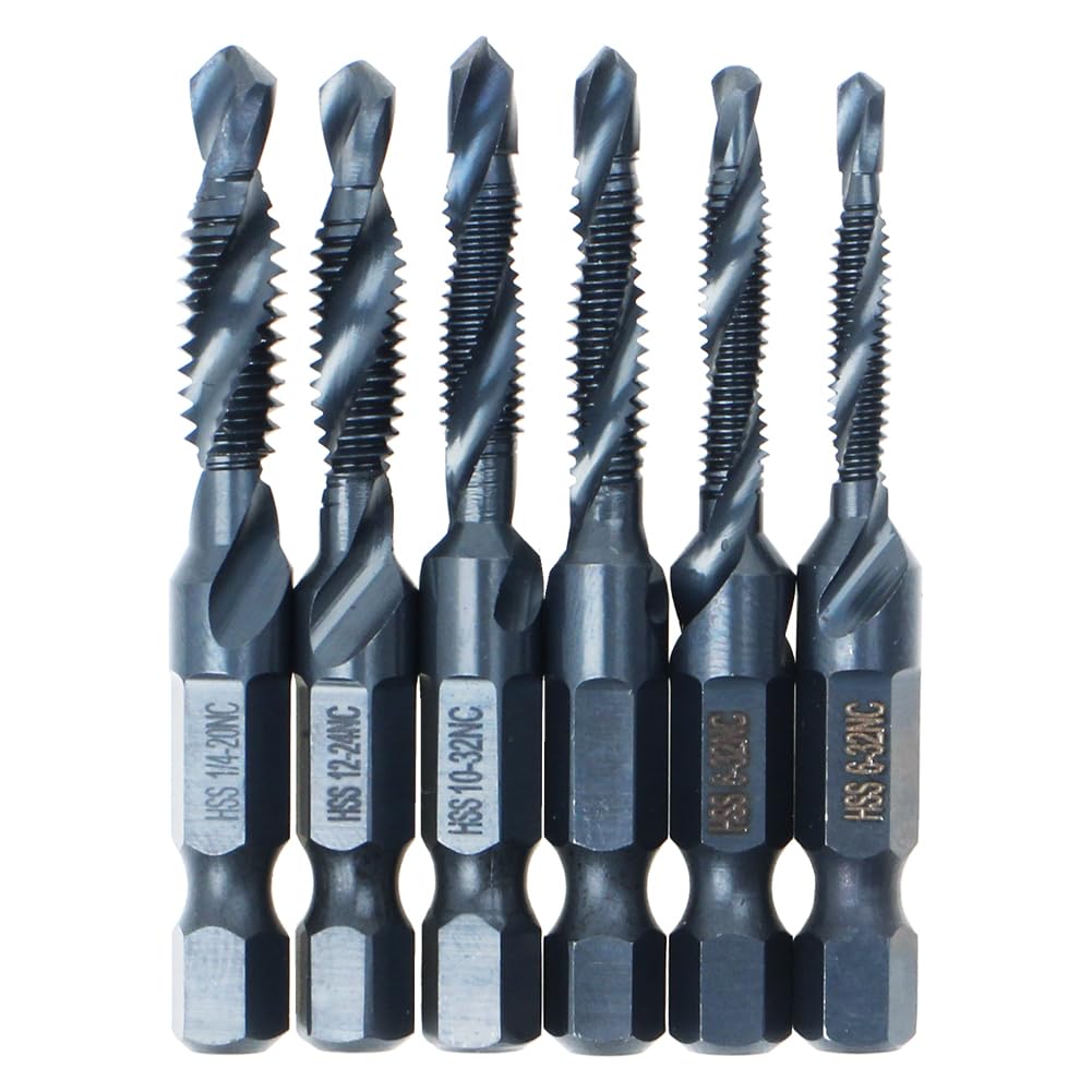 AUTOTOOLHOME 6 Pack Combination Drill Tap Bit Set Black Nitride Coated Screw Tapping Threading SAE Size 6-32NC 8-32NC 10-24NC 10-32NC 12-24NC 1/4-20NC