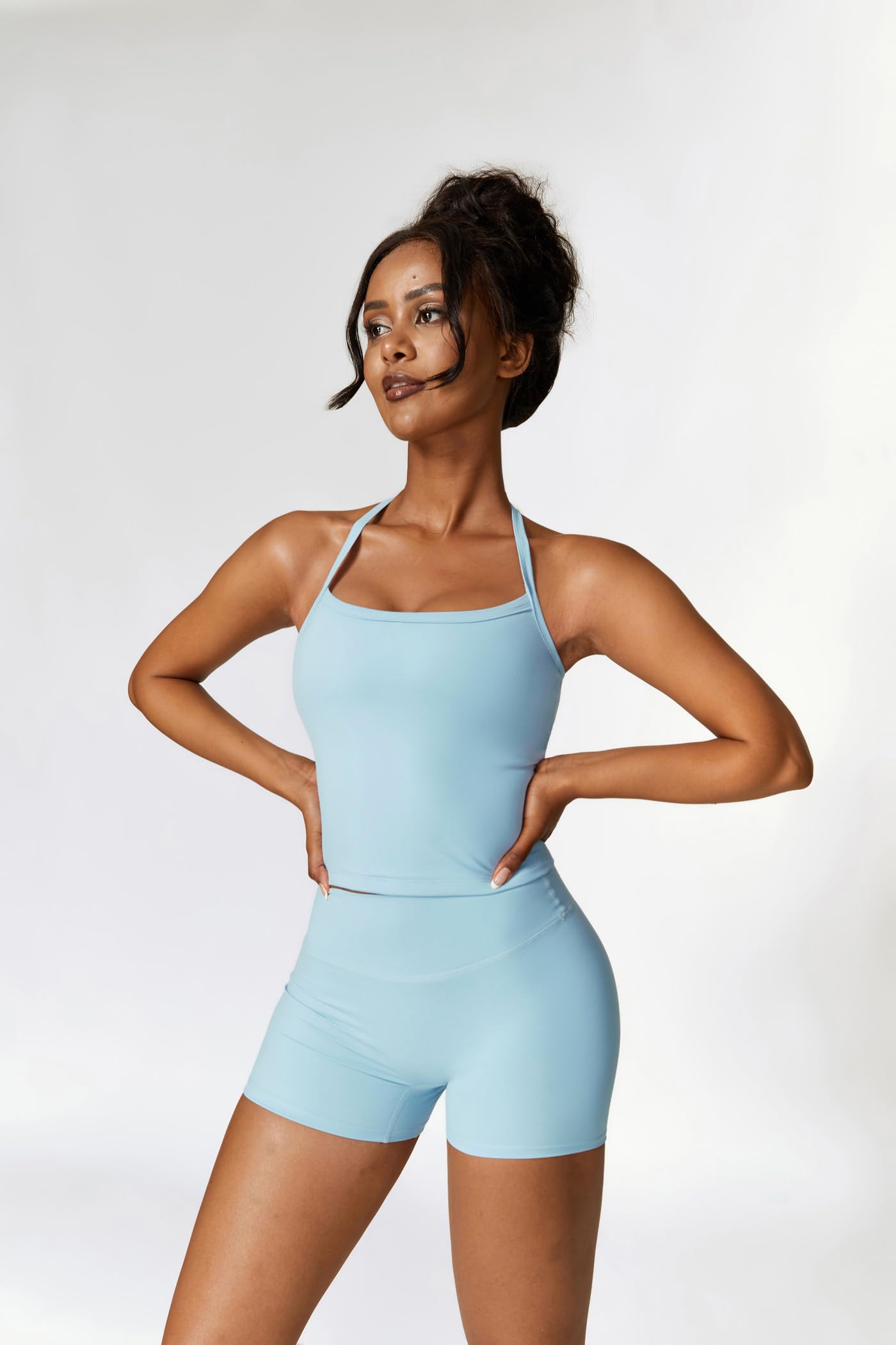 QBGJTD Conjunto de entrenamiento de dos piezas para mujer, camiseta sin mangas a juego, cintura alta, pantalones cortos de levantamiento de glúteos, gimnasio, yoga, ropa activa