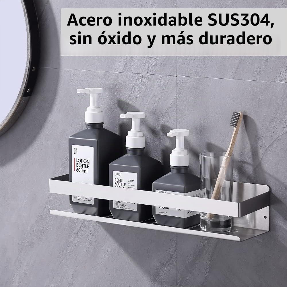 SUS304 - Estante de ducha autoadhesivo, estante para baño sin taladrar, acero inoxidable, adhesivo, cesta de ducha, níquel cepillado, 40 cm