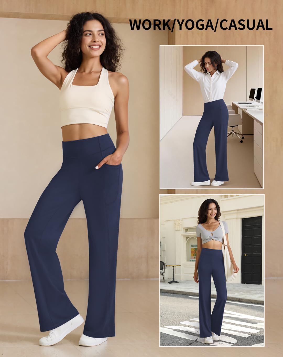 Womens High Waist Yoga Pants Stretchy Casual Trousers Straight Leg Pull On Side Pockets - Image 6