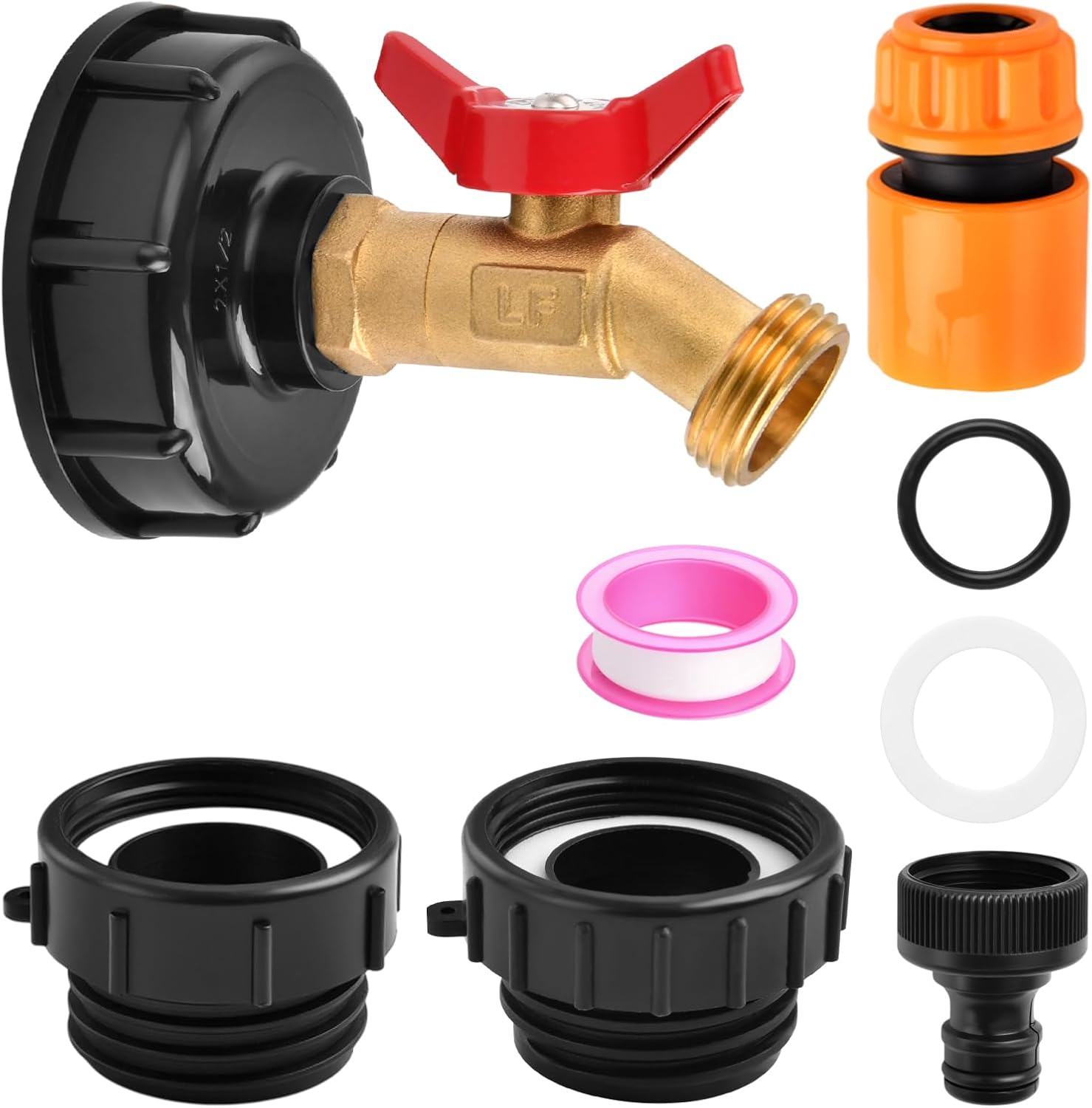 275-330 Gallon IBC Tote Water Tank Fitting, 3-Size IBC Tote Adapter 2.44" Fine, 2 "Fine & 2" Coarse Thread, 1/2" NPT to 3/4" GHT No-Lead Brass Hose Faucet Shut-off Valve Garden Hose Connector