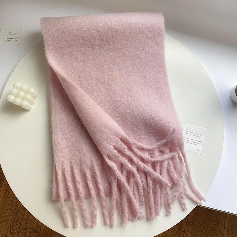 Winterschal Frauen Luxus Herbst Winter Kaschmirschal verdickte warme Schal Klassische Quasten Flauschiger Schal Vollfarbener weicher Schal, Rosa