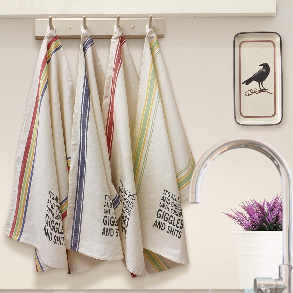 Custom Decor Kitchen Towels It's All Until Someone Giggles and Shits Inspiration & Motivation Humorous Cleaning Supplies Dish Towels Blue Stripe Design Only