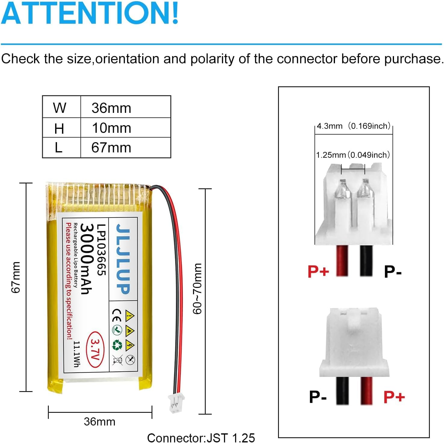 4pcs 3.7V 3000mAh Lithium Polymer Rechargeable Battery 1S 1C LiPo Battery with JST1.25mm Connector Integrated Protection Circuit for Arduino ESP32 Development Board for Speaker Wireless Device