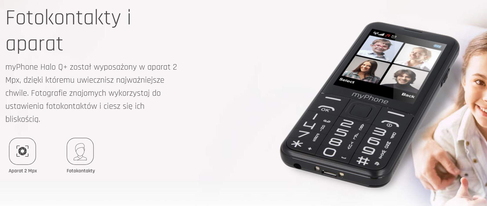 myPhone Halo Q+ 4family telefon dla seniora ze stacją ładującą, duży wyświetlacz 2,8 cala, mocna bateria 1400 mAh, aparat 2Mpx, duże klawisze, fotokontakty, 3G, przycisk SOS, latarka, dual SIM