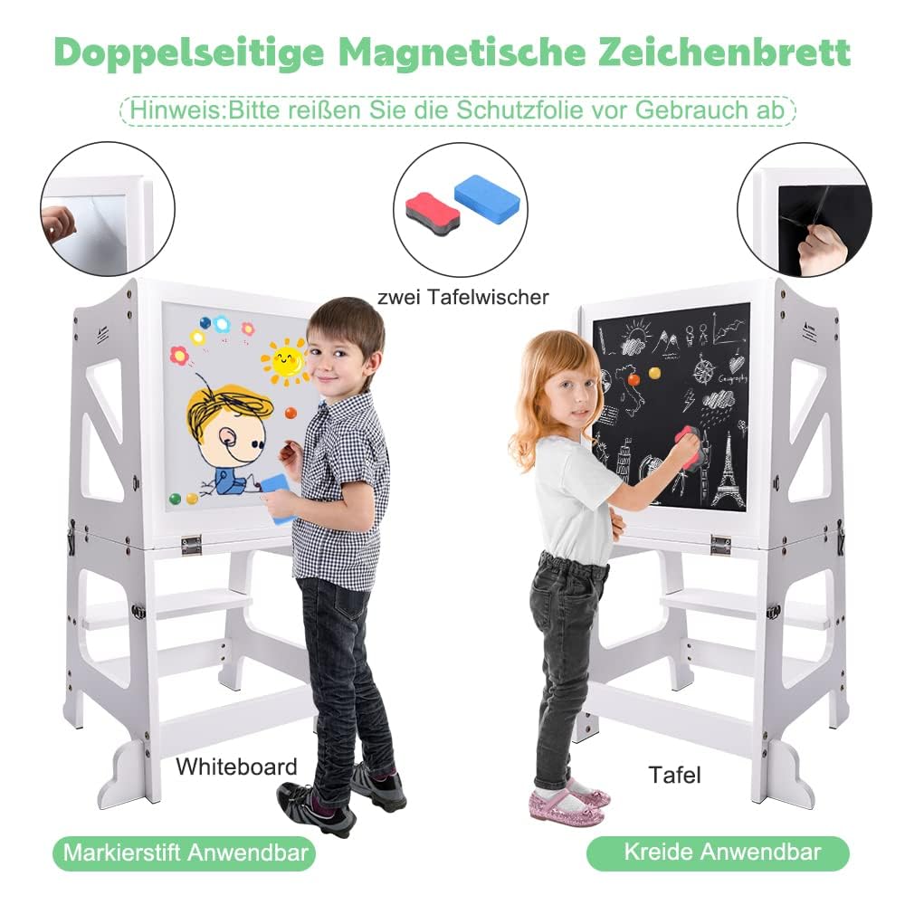 2in1 Lernturm Kinder Tritthocker Lernstuhl Kinderhocker Faltbarer Kinderschemel für Baby,mit doppelseitiger magnetischer Tafel,Umweltschutz,Küchen-/Badezimmerhelfer (Weiß)