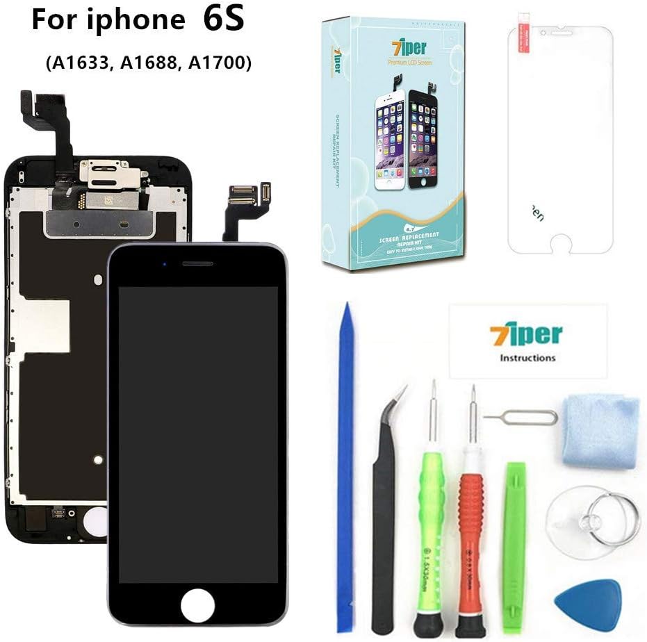 Screen Replacement Compatible iPhone 6S (4.7 inch) - LCD Display Touch Digitizer Assembly Set Proximity Sensor, Front Camera, Earpiece, Tempered Glass, Repair Tools Instruction (Black)