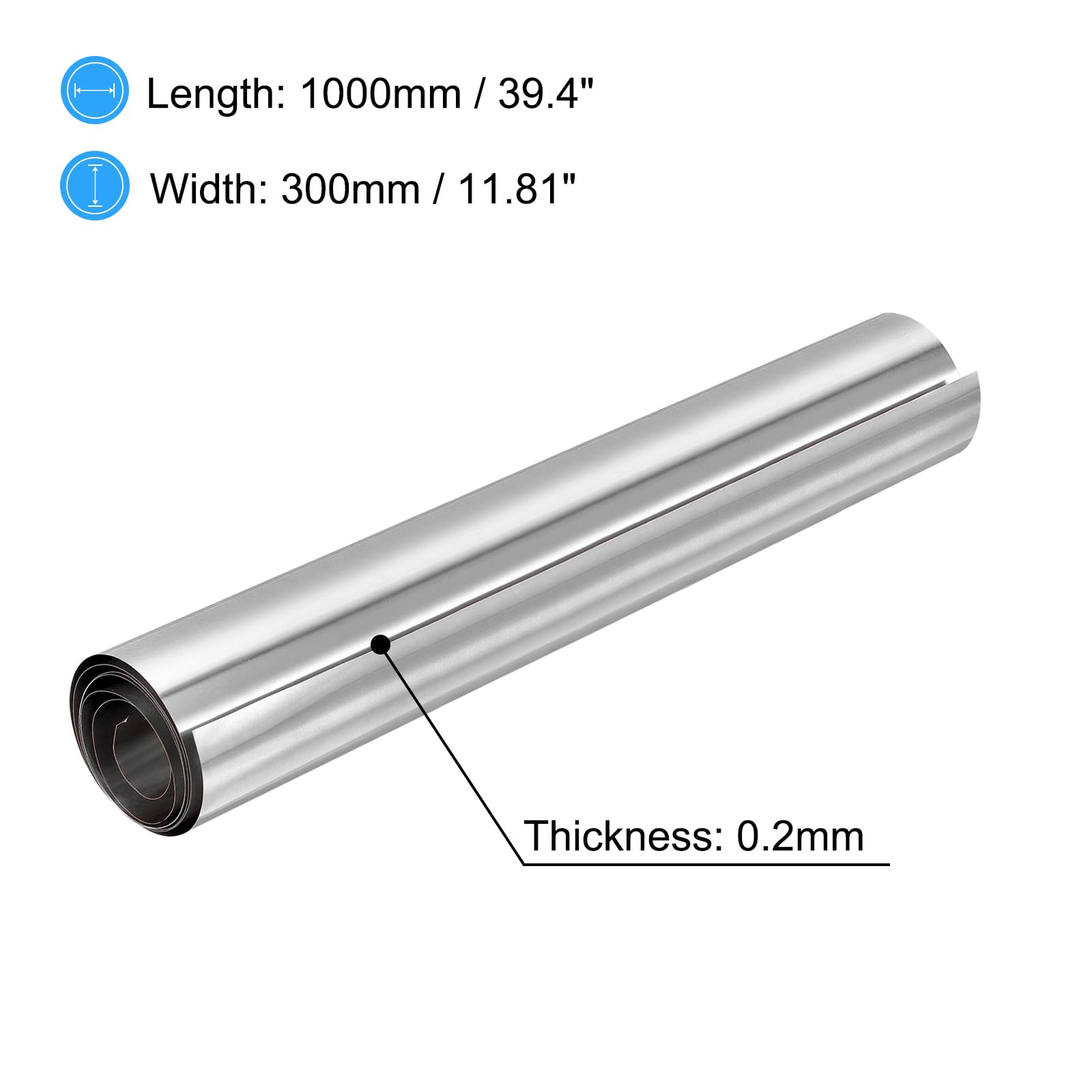 sourcing map Rouleau de Feuille en Acier Inoxydable 304, 0,2 mm x 300 mm x 1 M, Finition Polie, Plaque de Métal Pour L'Artisanat, L'Équipement Électronique, Ton Argenté