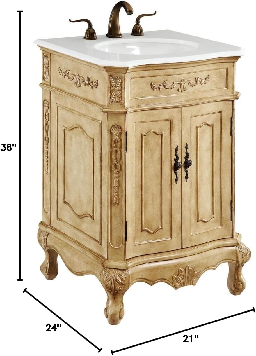 24 Single Bathroom Vanity, with Engineered Marble Top Soft-Close, Antique Beige