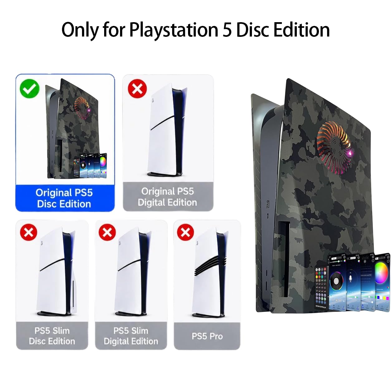 Megadream Façades de Rechange pour PS5 avec évents de Refroidissement - Anti-Rayures, Anti-poussière avec lumières RVB (Camouflage)