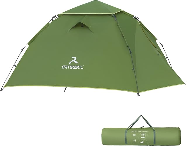 Camping Tent 2-4 Man Instant Pop Up Tent Easy Setup Dome Tent Waterproof & Windproof with Mosquito Netting and Removable Outer Tarpaulin