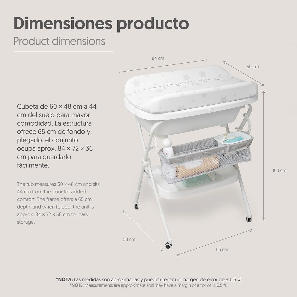 Interbaby Bañera Bebé Cambiador Plegable Patas, Ruedas, Hamaca (Dino) | Bañera con cambiador 2 en 1, hamaca anatómica extraíble, patas antideslizantes, altura ergonómica, portátil