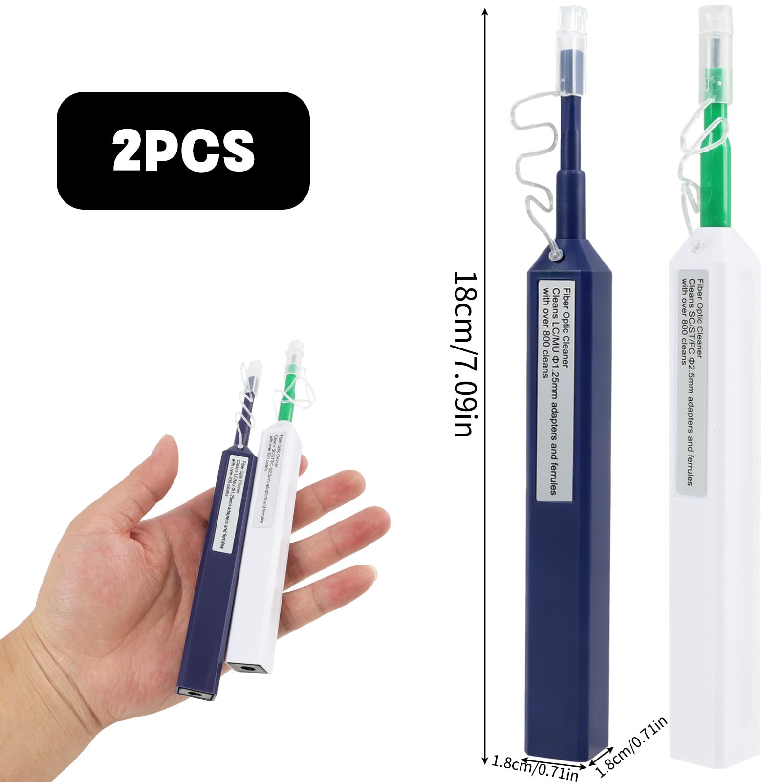2 Piezas Limpiador de Fibra Optica, Fiber Optic Cleaning Pen,Fibra Optica 1.25 mm LC/MU y 2.5 mm SC/ST/FC, Herramientas de Fibra Óptica,Más de 800 Usos, Operación de un clicks, Limpiador de Cable de F