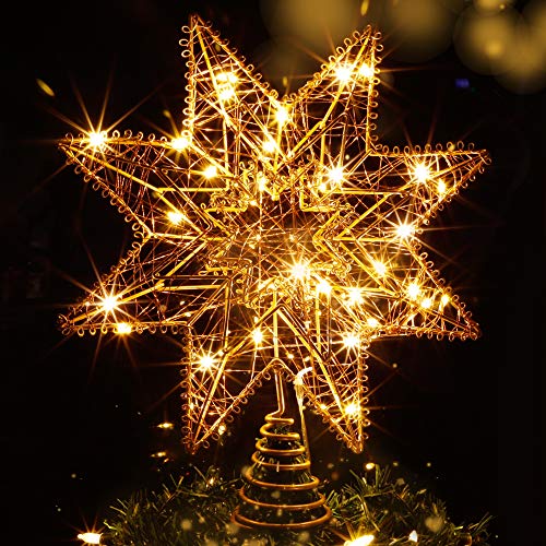 Blissun 12.6  Christmas Tree Topper, 35 LED Lighted Indoor Treetop, Golden Rattan Star Treetop Christmas Tree Decorations