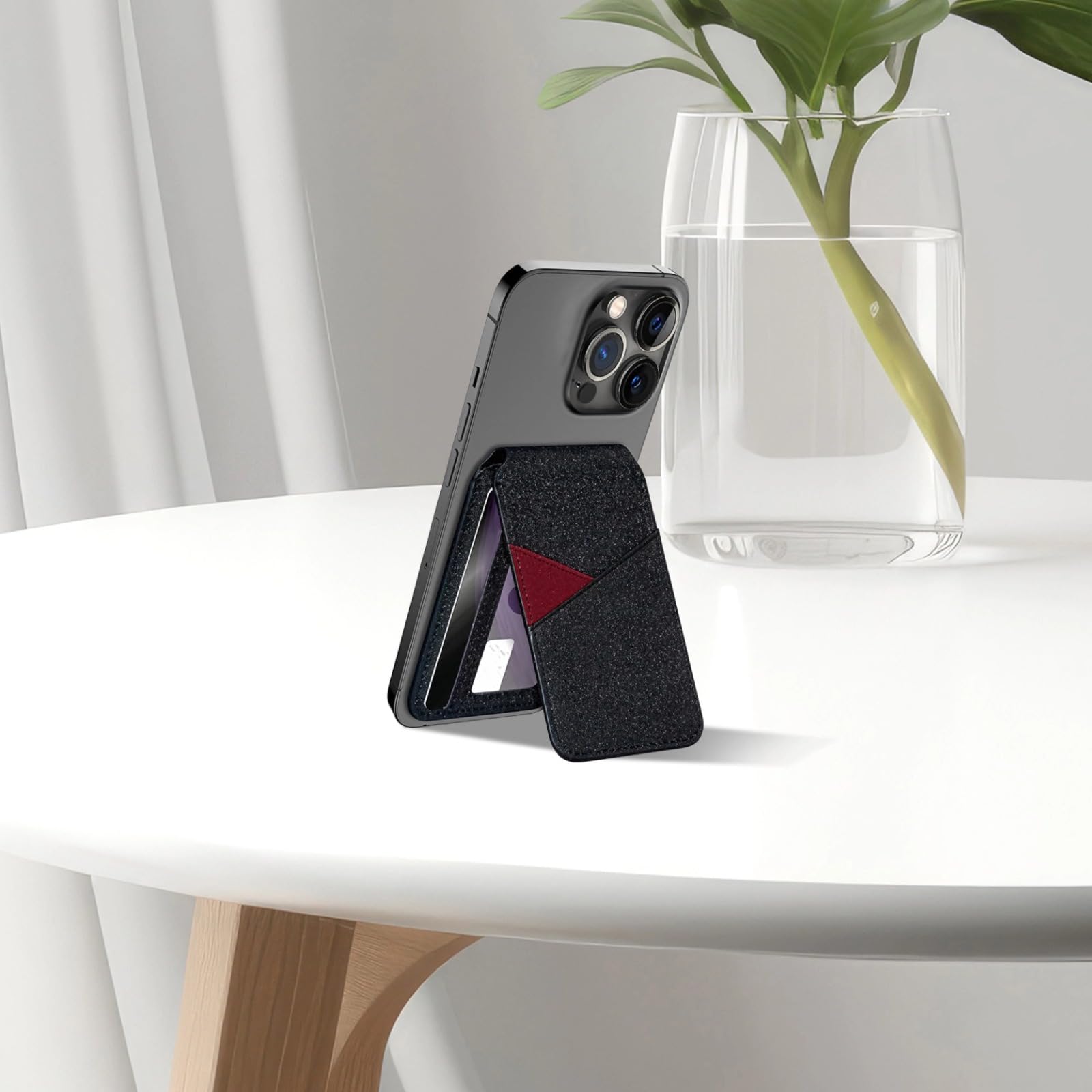Magnetischer Kartenhalter fürs Handy, kompatibel mit MagSafe Wallet für iPhone 14 15 16, multifunktionaler Verstellbarer Ständer, PU Leder, Schwarz