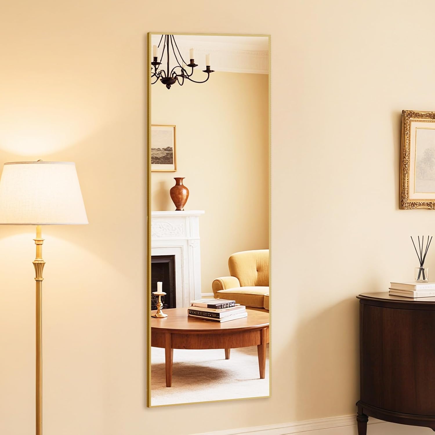 DUMOS Wall-Mounted Full Length Mirror 60"x 16" for Bedroom, Full Body Floor Mirror with Stand, Hanging or Leaning for Wall, Gold