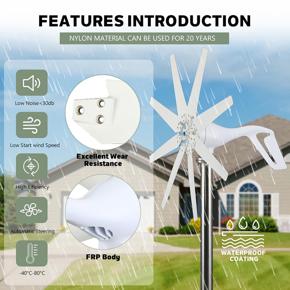 Generatori eolici ad ASSE Verticale da 6000 W per Kit per Uso Domestico, generatore a turbina eolica Piccolo Mulino a Vento 12V-220V per terrazza/Chalet/Barca da Pesca/Camper