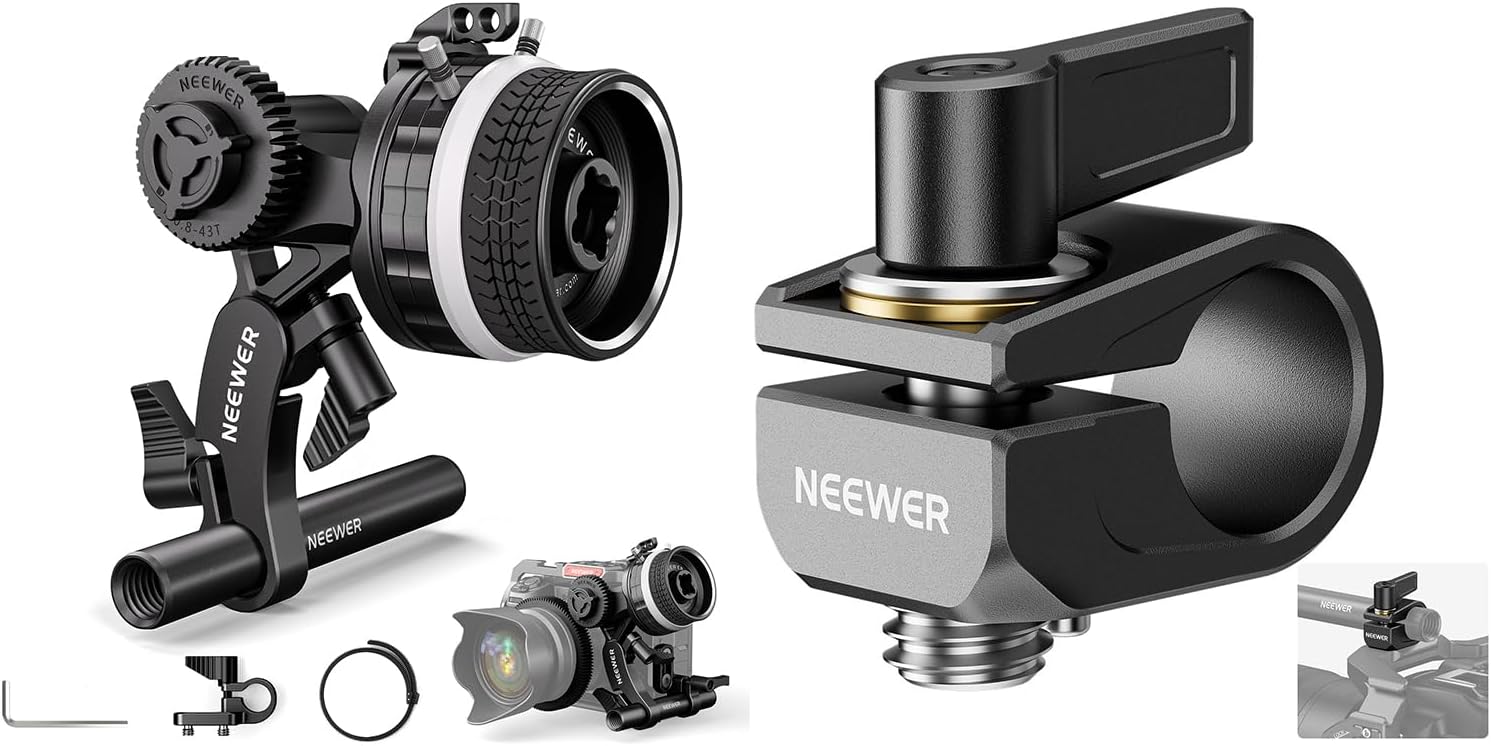 NeewerMini Follow Focus with A/B Stops, Lens Gear Ring, 15mm Rod & Rod Clamp for Cinema Camera, Compatible with Lens Diameter Up to 114mm, Single 15mm Rod Clamp Included, PG003 (Black)