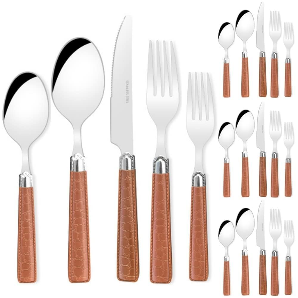 Modello in Pelle ABS Maniglia Da Cucina Acciaio Inossidabile Posate Stoviglie Posate Set Di Posate Coltello Da Bistecca Forchetta Cucchiaio Cucchiaino (Marrone,20 pezzi)