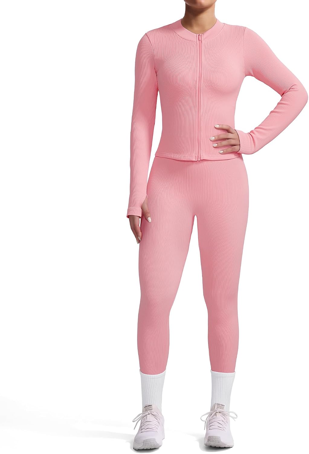 SUUKSESS Women 2 Piece Seamless Ribbed Workout Sets With Zip Up Jacket High Waisted Gym Yoga Leggings