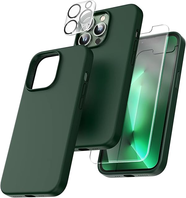 TOCOL 5 in 1 for iPhone 13 Pro Max Case, with 2 Pack Screen Protector + 2 Pack Camera Lens Protector, Liquid Silicone Slim Shockproof Cover [Anti-Scratch] [Drop Protection] 6.7 Inch, Alpine Green